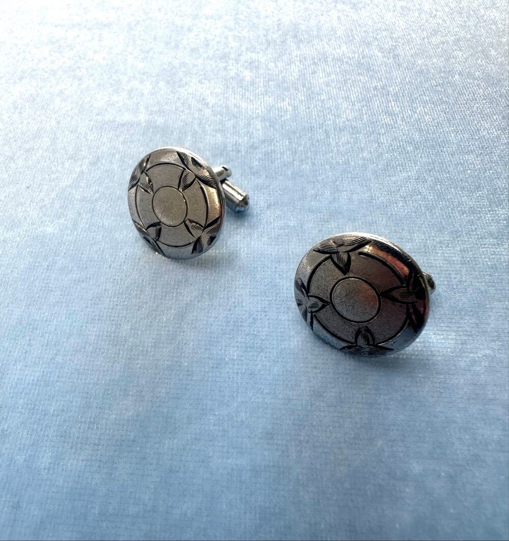 Vintage Sterling Silver Cufflinks Art Deco Etched Round Floral Geometric 925